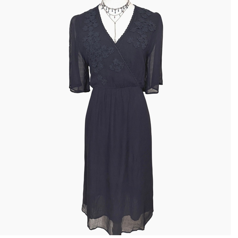 Pyrus London Black Wrap Chiffon Midi Dress Floral Embroidered Boho Romantic M